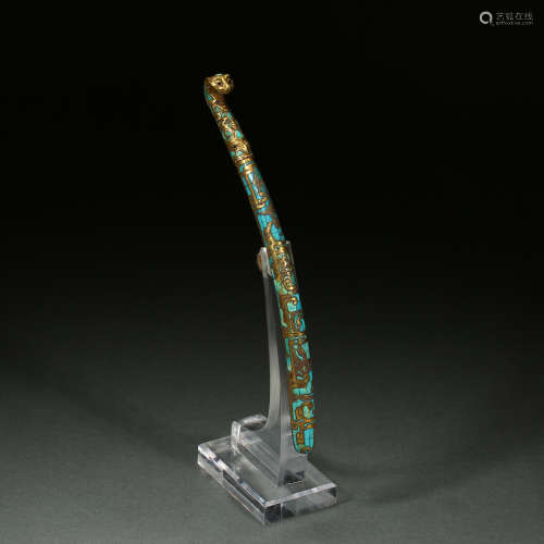 chinese belt hook, inlaid with gold and turquoises, Han Dyna...