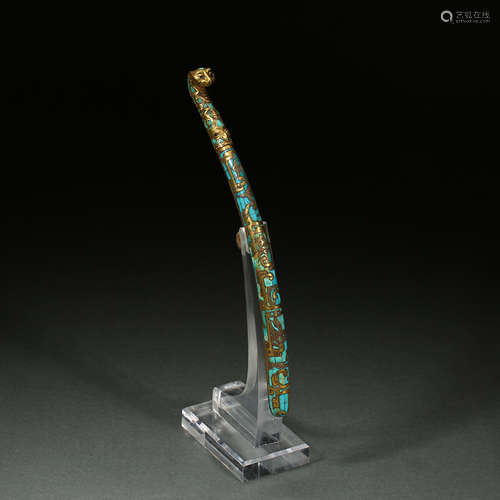 chinese belt hook, inlaid with gold and turquoises, Han Dyna...