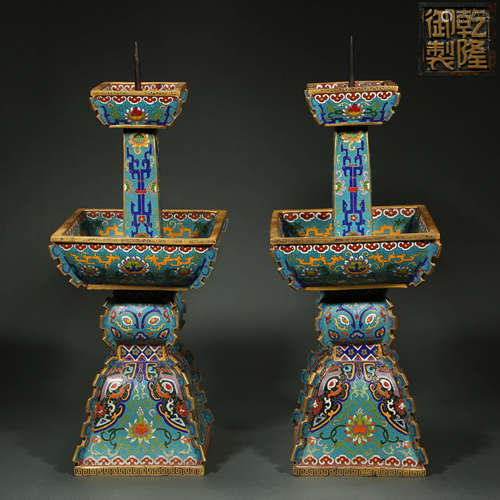 A pair of bronze cloisonne candlesticks, qianlong period, Qi...