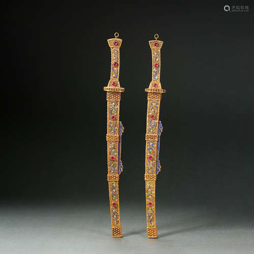 A pair of gilt silver and gemstone knives, Qing Dynasty, Chi...