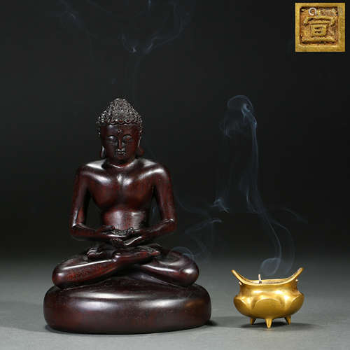 Chinese Red Sandalwood Sakyamuni, Gilt Bronze Incense Burner