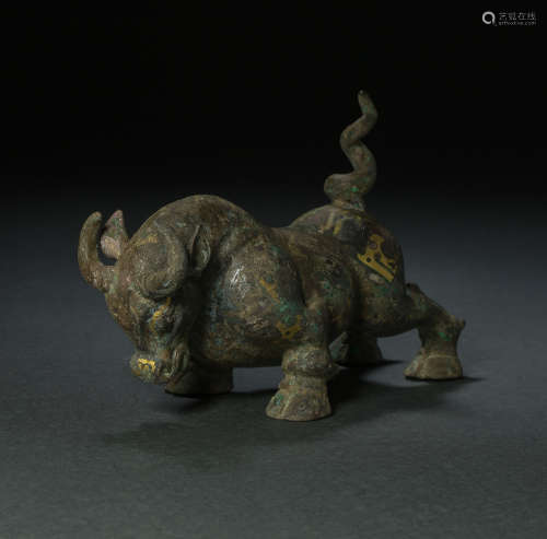 HAN DYNASTY, BRONZE BEAST INLAID WITH GOLD AND SILVER