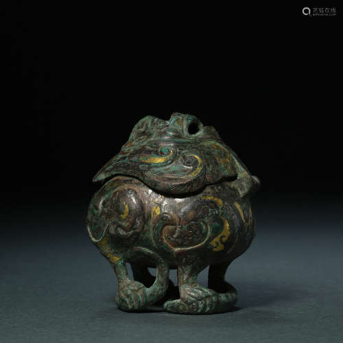 HAN DYNASTY, BRONZE BEAST FACE FURNACE INLAID WITH GOLD AND ...