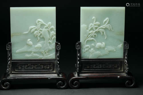 QING DYNASTY, HETIAN WHITE JADE TABLE SCREEN CARVED ANIMAL