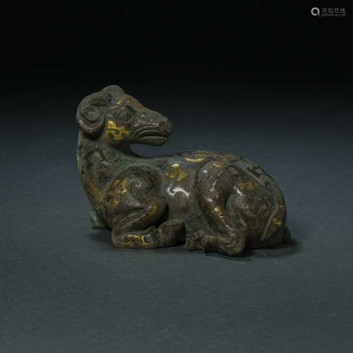 HAN DYNASTY, BRONZE BEAST INLAID WITH GOLD AND SILVER