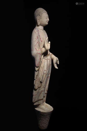 NORTHERN QI DYNASTY, WHITE MARBLE CARVED SHAKYAMUNI BUDDHA