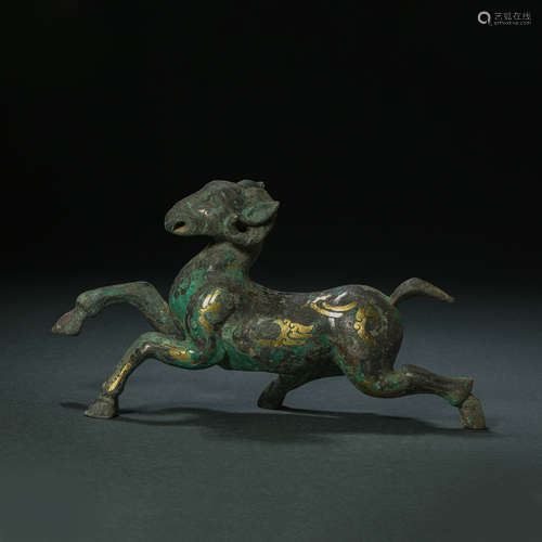 HAN DYNASTY,  BRONZE BEAST INLAID WITH GOLD, AND SILVER