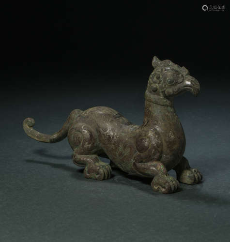 HAN DYNASTY, BRONZE BEAST INLAID WITH GOLD AND SILVER