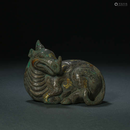 HAN DYNASTY,  BRONZE BEAST INLAID WITH GOLD, AND SILVER