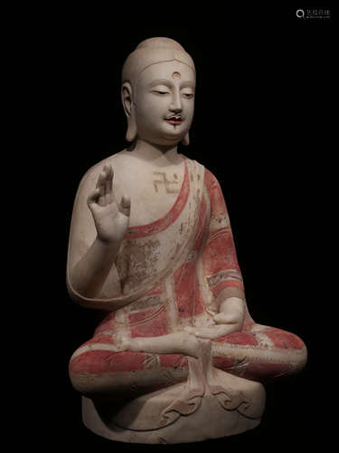 NORTHERN QI, WHITE MARBLE CARVED SHAKYAMUNI BUDDHA