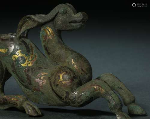 HAN DYNASTY,  BRONZE BEAST INLAID WITH GOLD, AND SILVER