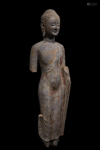 NORTHERN QI, BLUESTONE CARVED PAINTED SAKYAMUNI BUDDHA