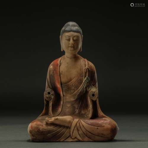 TANG DYNASTY, PAINTED STONE BUDDHA