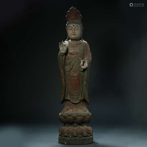 WOOD CARVED BUDDHA, JIN OR YUAN DYNASTY