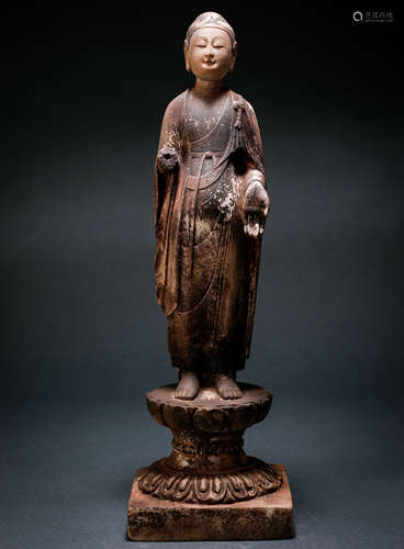 TANG, PAINTED STONE BUDDHA