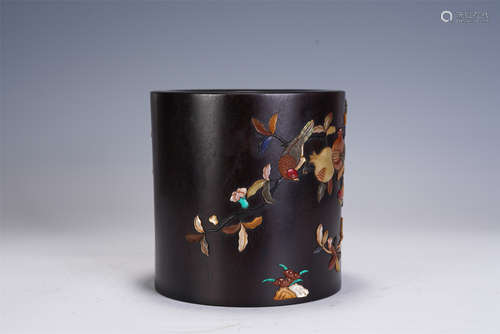 A CHINESE HARD-STONES INLAID FLOWER-BIRD BRUSH POT