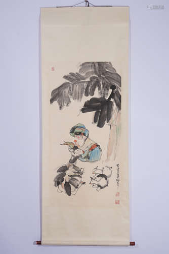 A CHINESE SCROLL PAINTING OF FIGURE AND GOATS