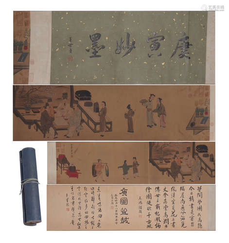 A CHINESE SCROLL PAINTING DEPICTING FIGURES STORY