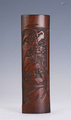 A CHINESE BAMBOO CARVED LANDSCAPE AND FIGURES ARM REST