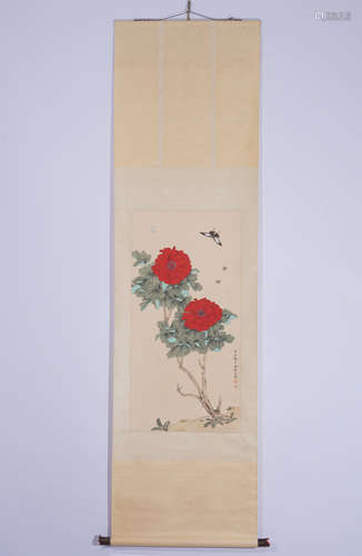 A CHINESE SCROLL PAINTING OF FLOWERS AND INSECTS