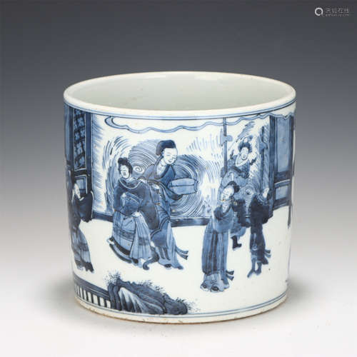 A CHINESE BLUE AND WHITE FIGURES STORY PORCELAIN BRUSH POT