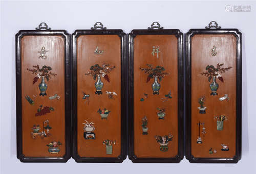 FOUR CHINESE HARD-STONES INLAID HANGING SCREENS