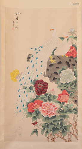 A CHINESE PAINTING OF WHITE PEACOCKS AND PEONIES