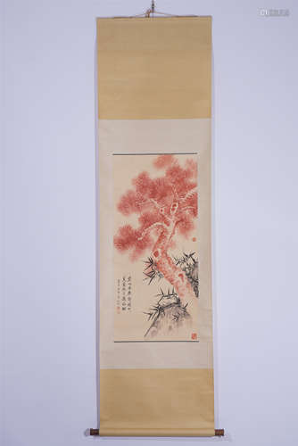 A CHINESE SCROLL PAINTING OF PINE TREE AND BAMBOOS