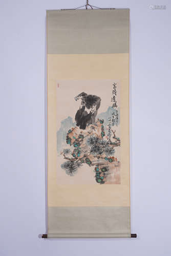 A CHINESE SCROLL PAINTING DEPICTING EAGLE ON A ROCK