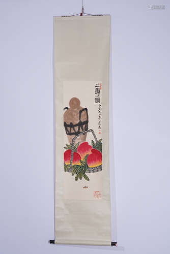 A CHINESE SCROLL PAINTING OF THREE LONGEVITY PEACHES