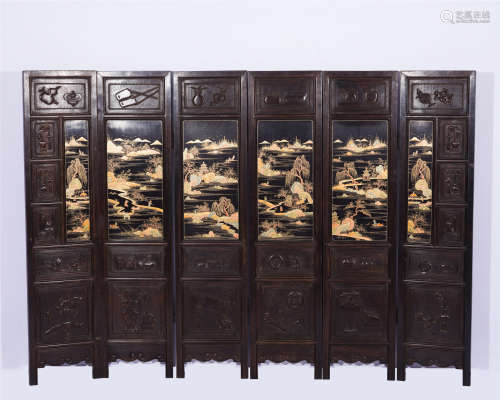A CHINESE INSCRIBED HARDWOOD SIX FOLDING SCREEN