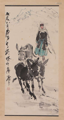 A CHINESE PAINTING OF LADY AND DONKEYS