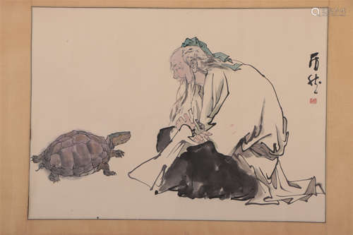 A CHINESE PAINTING DEPICTING OLD MAN AND TURTLE