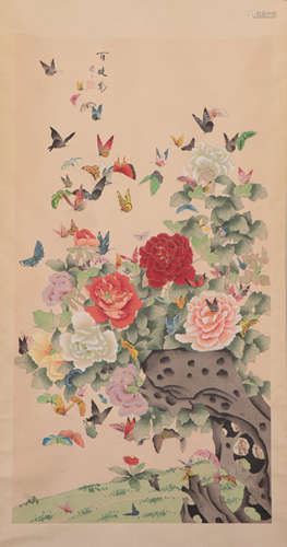 A CHINESE PAINTING OF PEONIES AND BUTTERFLIES