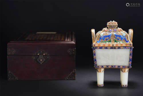 A CHINESE SILVER GILT INLAID WHITE JADE INCENSE BURNER
