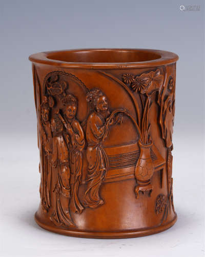 A CHINESE CARVED FIGURES STORY HARDWOOD BRUSH POT