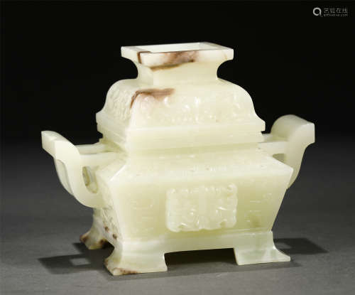 A CHINESE CARVED MYTHICAL BEAST JADE INCENSE BURNER