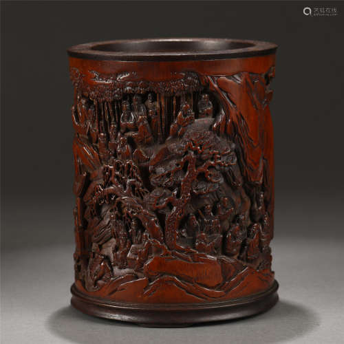 A CHINESE BAMBOO CARVED LANDSCAPE AND FIGURES BRUSH POT