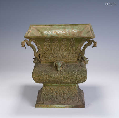 A CHINESE BRONZE GOAT-HEAD GU VASE