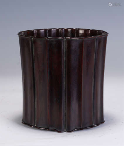 A CHINESE CARVED HARDWOOD LOBED BRUSH POT