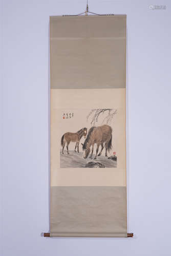 A CHINESE SCROLL PAINTING OF TWO HORSES