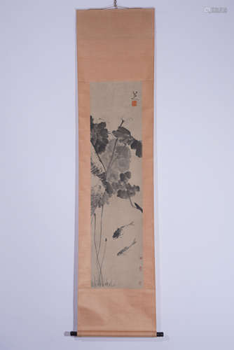 A CHINESE SCROLL PAINTING OF LOTUS AND FISH