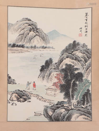 A CHINESE PAINTING DEPICTING LANDSCAPE AND FIGURES