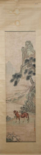 A CHINESE PAINTING OF HORSE AND PINE TREE