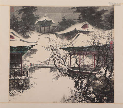 A CHINESE PAINTING OF FIGURES AND PAVILIONS SCENE