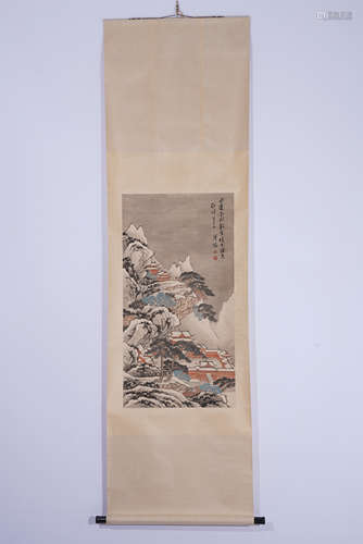 A CHINESE SCROLL PAINTING OF MOUNTAIN PAVILIONS