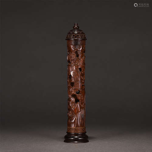 A CHINESE CARVED HARDWOOD INCENSE TUBE