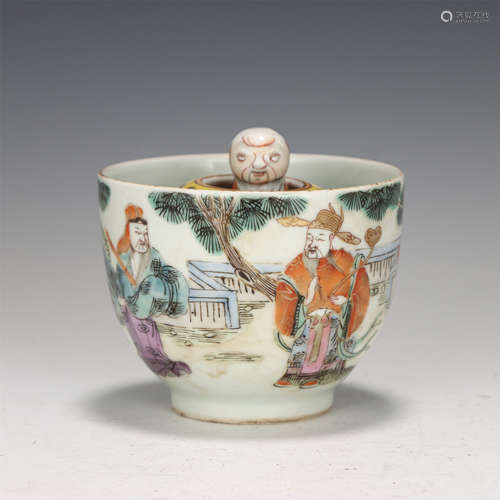 A CHINESE FAMILLE ROSE FIGURES STORY PORCELAIN CUP