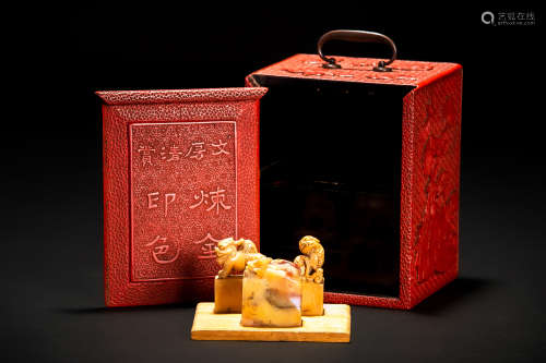 清 寿山石雕獅子紋方章 3個組 堆朱印盒付