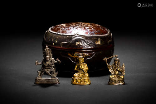 時代 鎏金銅 古銅造 豆佛像 仏像 3体 螺鈿盒付